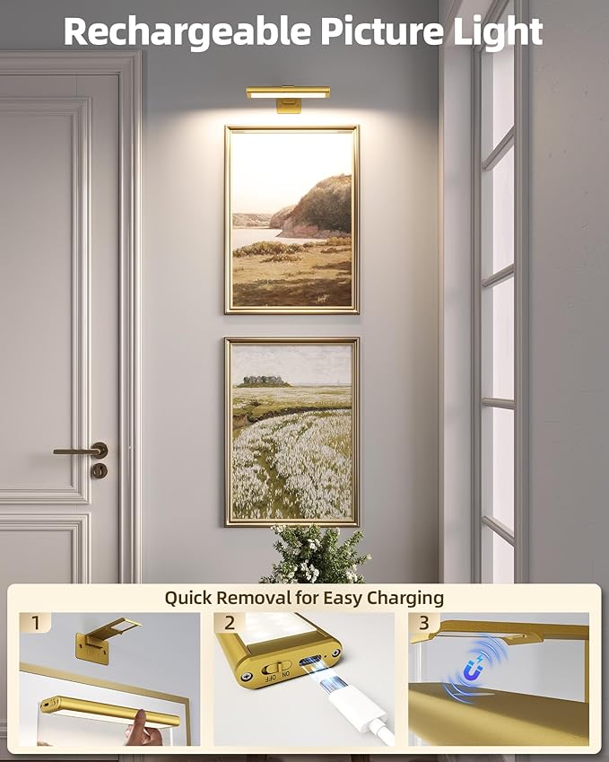 EZVALO Picture Light for Wall, Rechargeable 2400mAh Battery Lights Wireless Remote, 3 Color & Dimmable Magnetic 8'' LED Lights Display for Painting, Living Room, Gallery, Bedroom, Dashboard(Gold-3P)