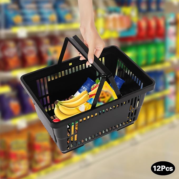 12PCS Shopping Baskets with Handles, Black Plastic Shopping Basket Set, 21L Portable Grocery Baskets with Handles, Grocery Shopping Basket Set for Stores, Supermarket, Retail,Shopping Carrying