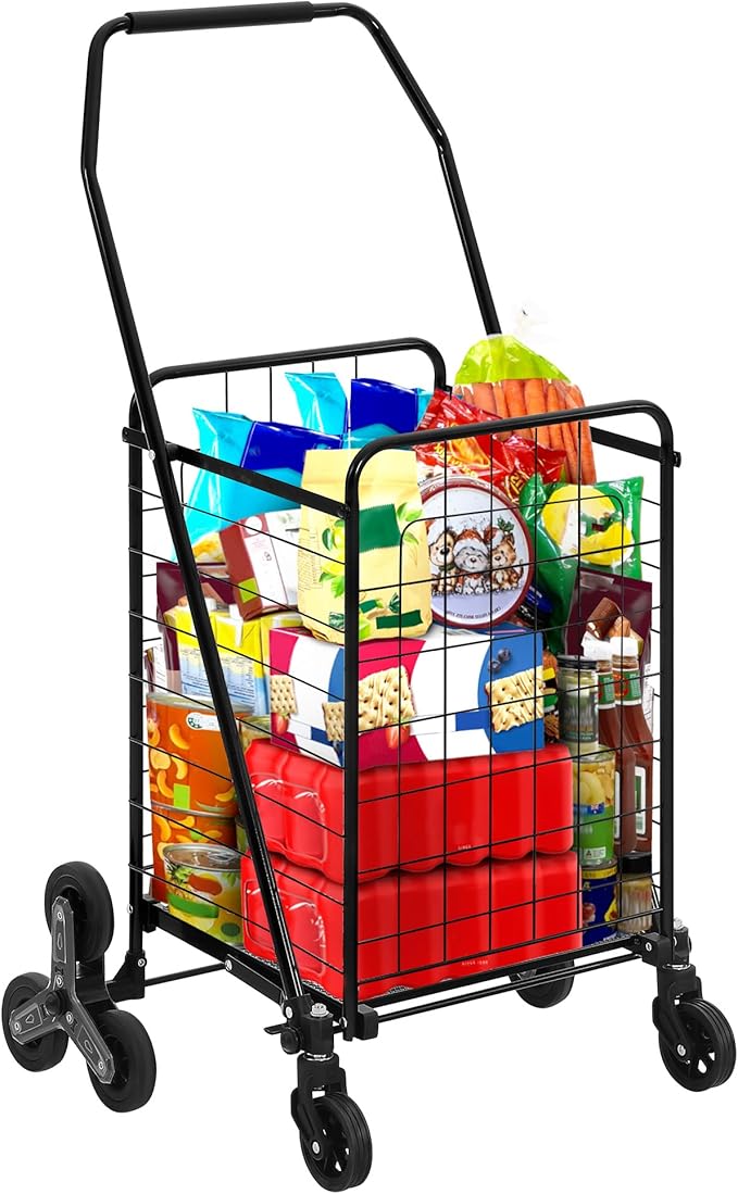 DWVO Folding Stair Climber Shopping Cart, Tri-Wheel Design & 360° Swivel Wheels, Ideal Heavy Duty Utility Cart for Shopping, Laundry, Travel & Stairs for Seniors