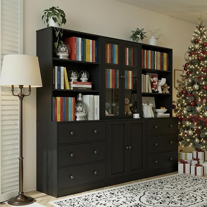 TUSY 71" H Bookshelf Bookcase with Doors, 3-Tier Modern Bookshelves with 3 Large Drawer, Display Bookcase with Glass Doors, Modern 5-Tier Curio Cabinet for Home Office, Dining Room (Black, ABA)