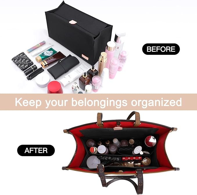 Doxo Purse Organizer Insert, Felt Bag Organizer Insert with Zipper, Perfect for Lv Onthego GM 40 & D Book Tote Large (Black-With Cover)