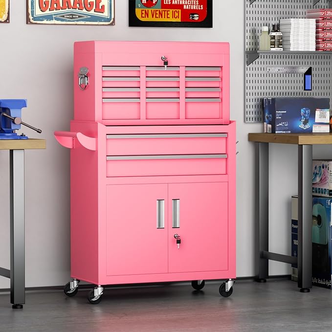 Superday Metal Tool Chest, 8 Drawer Rolling Tool Chest with Wheels, Detachable Tool Storage Cabinet with Lock for Garage, Steel Tool Cart with Liner & Hooks for Workshop, Warehouse (Pink)
