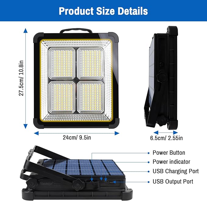 Masmejor 160W 15000mAh Rechargeable Work Light - 540 LEDs Solar Light, Stepless Dimming, USB-C Charging, IPX4 Waterproof Floodlight for Job Site, Emergency, Power Outage, Camping & Ca Repair