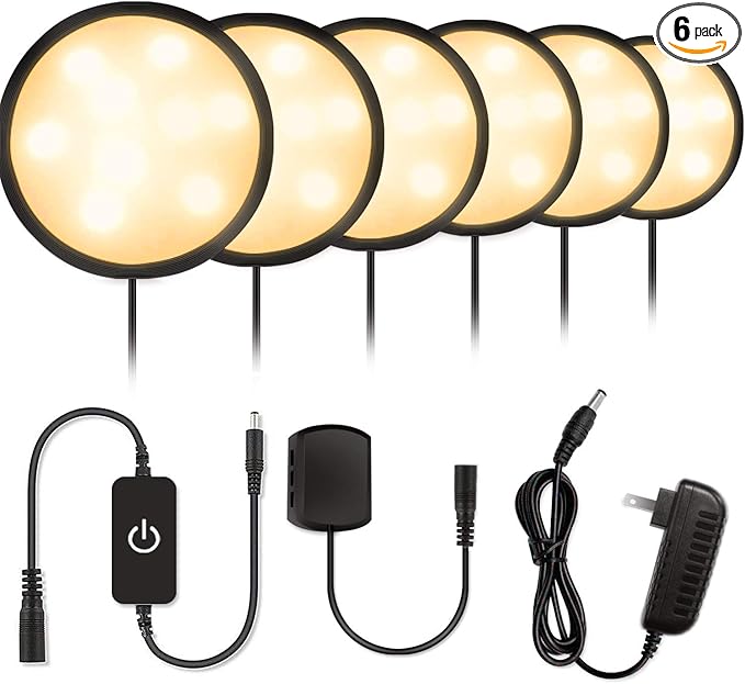 YGS-Tech LED Under Cabinet Lighting Kit, 1020 Lumens LED Puck Light, 3000K Warm White, CRI90+, Touch Dimming, Black Trim All Accessories Included, for Kitchen, Closet Lights, Safe Light, 6-Pack