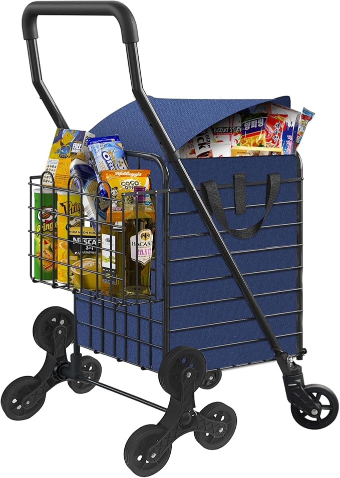 Grocery Shopping Cart with Waterproof Liner Stair Climber Utility Cart Easily Collapsible Cart with Tri-Wheels, 66lb Extended Foam Cover, Trolley for Stair, Laundry, Travel (Blue-)