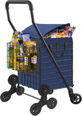 Grocery Shopping Cart with Waterproof Liner Stair Climber Utility Cart Easily Collapsible Cart with Tri-Wheels, 66lb Extended Foam Cover, Trolley for Stair, Laundry, Travel (Blue-)