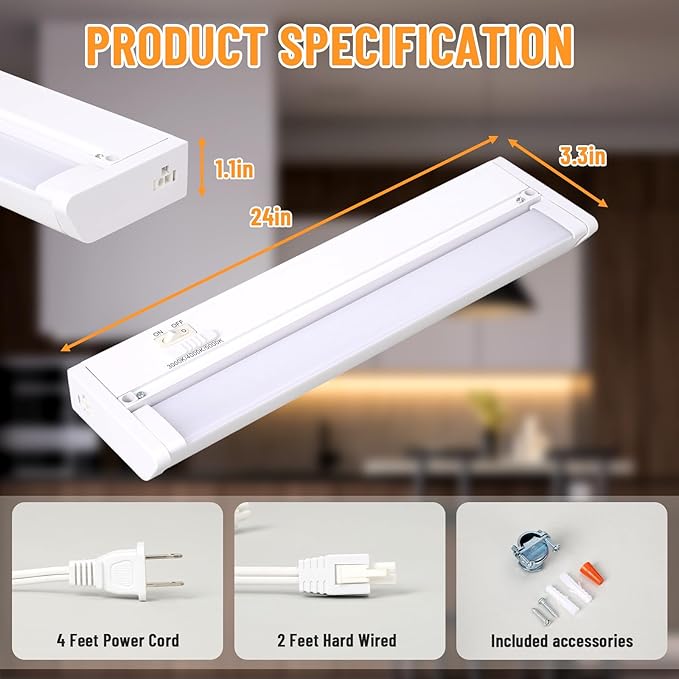 24" 6Pack Hardwired Under Cabinet LED Light Plug in, 16W 1200LM, 3CCT (3000K/4000K/5000K), Rotatable 45°, Connect Up to 10 Fixtures, Under Counter Lights Linkable for Kitchens and Offices,YT-4208-22-6