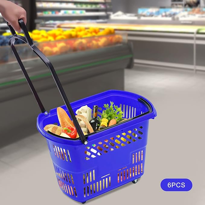 6PCS Plastic Shopping Basket with Handles & Wheels, 35L Rolling Shopping Carts, Grocery Basket with 4 Wheels and Handle, Portable Shopping Baskets for Retail Stores, Supermarkets (6PCS - Blue)