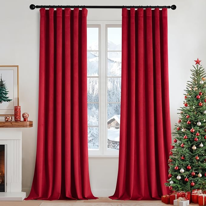 MIULEE Christmas Velvet Curtains 96 Inches Long 2 Panels Set for Bedroom, Pinch Pleat Back Tab Thermal Insulated Living Room Darkening Drapes Pleated Blackout Floor to Ceiling Curtain with Hooks, Red