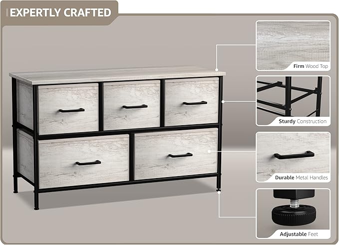 Sorbus Dresser with 5 Faux Wood Drawers - Storage Unit Organizer Chest for Clothes - Bedroom, Hallway, Living Room, Closet, & Dorm Furniture - Steel Frame, Wood Top, & Easy Pull Fabric Bins