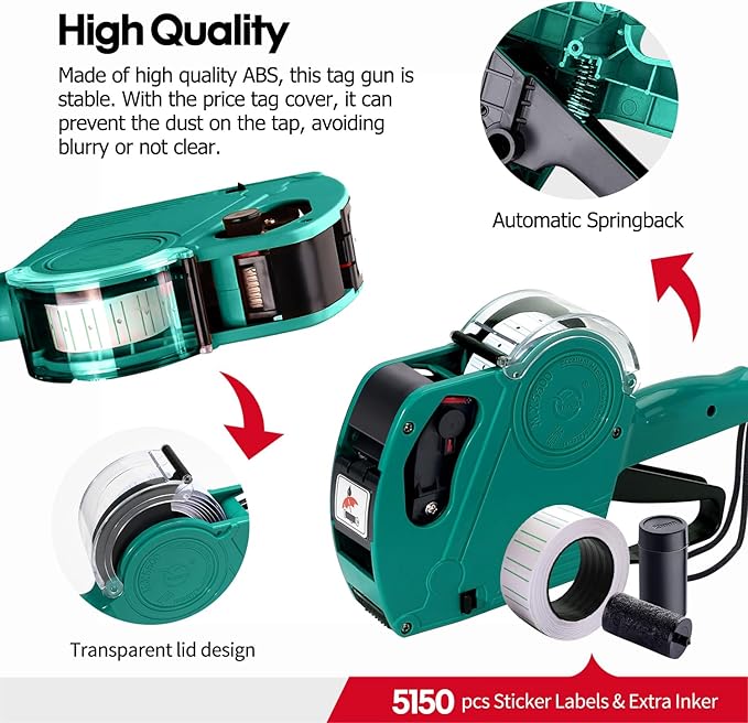 KPX MX5500 Pricing Tag Gun with 5150 pcs Sticker Labels & Extra Inker, 8 Digits Tag Maker for Retail Shop, Grocery Store (Green)