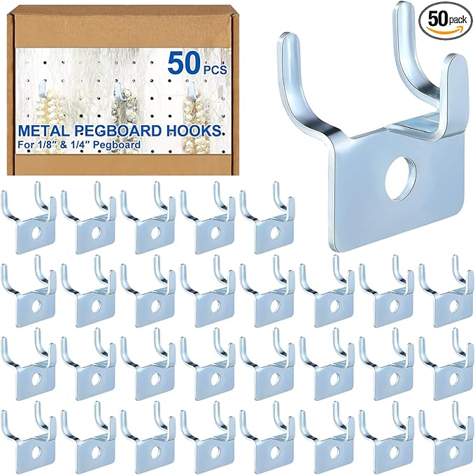 Tandefio 50 Pcs Pegboard Hooks Metal Prong Hook Peg Board for Hanging Hangers for Wall Picture Jewelry Display Tool (Silver)