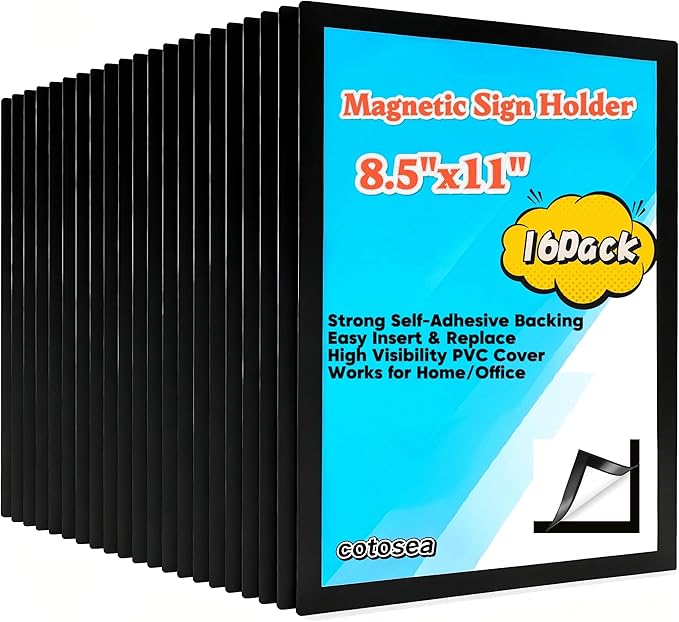 Magnetic Sign Holder 8.5 x 11 Wall Mount, Self Adhesive Display Picture Frames with Strong Magnetic Border and Clear PVC, Document Poster Paper Holder for Home Office Store (16 Pack, Black, 8.5X11)