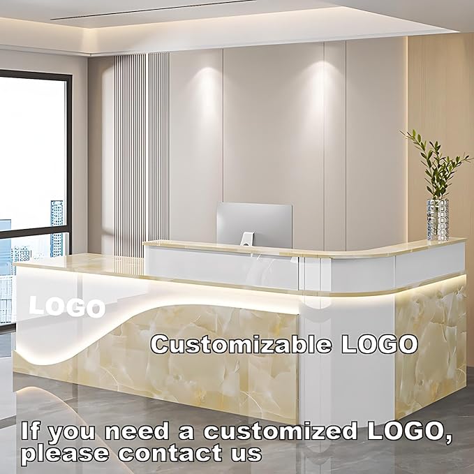 Modern Reception Desk – Front Desk, Reception Counter for Office, Checkout Counter, LED Lighting, Storage, Soft Close Drawers, Custom Logo, Fully Assembled (K,48IN)