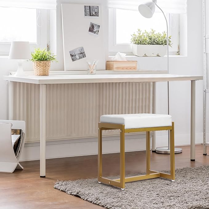 Vanity Stool, Vanity Chair Stools for Makeup Room, Faux Leather Small Makeup Bench, Modern Gold Metal Legs Ottoman Foot Rest for Bedroom Living Room, White & Gold