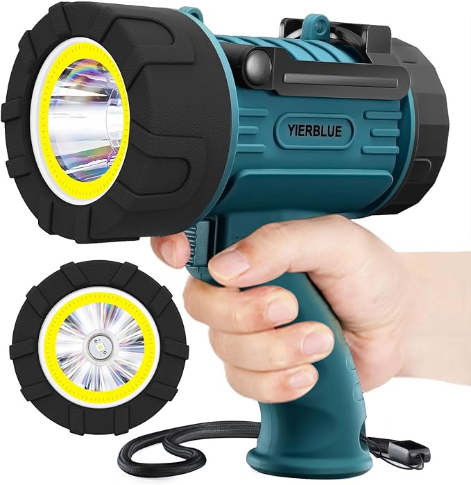 YIERBLUE Rechargeable Spotlight Floodlight Combo 120,000 High Lumen LED, IP67 Waterproof Spot Light COB Flood Light, Impact Resistant Handheld Spotlight with Foldable Stand and Detachable Red Lens