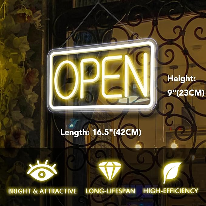 Open Signs for Business,Neon Open Sign Led,16.5"x 9",with Open/Closed Bussiness Hour Sign Set,Light for Bar Coffee Salon Store Window,12V/2A Adapter with ON/OFF Switch (Yellow/White Horizontal)
