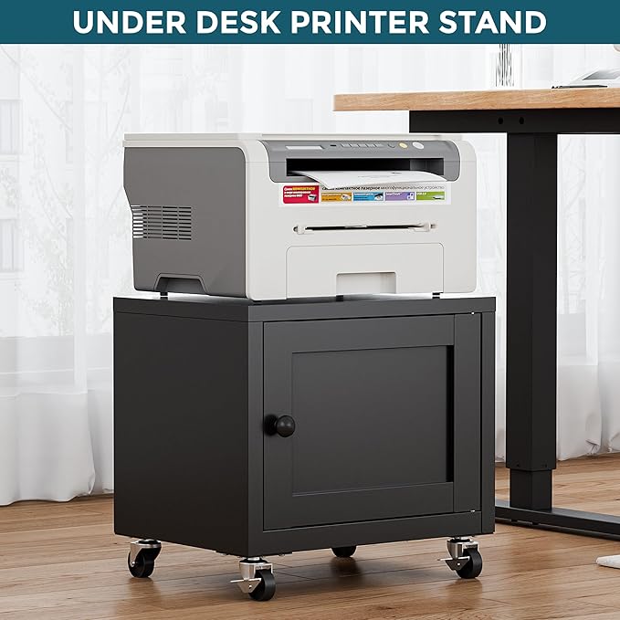 Small Printer Stand with Storage, Home Office Printer Table for Small Spaces, Under-Desk 3D Printer Stand with Wheels, for Office Copier and Fax Machine, Black