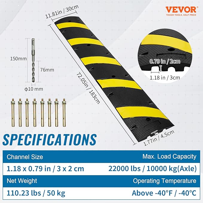 VEVOR 2PCs 6 ft/72'' Rubber Speed Hump, 2 Channel, 22000 lbs Capacity Heavy Duty Traffic Speed Bump, with High Reflective Yellow Strip 8 Expansion Screws and 1 Drill, for Asphalt Concrete Gravel Roads