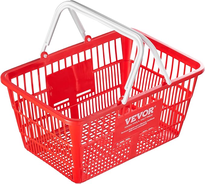 VEVOR 12 PCS Red Plastic Grocery Basket, 16.5 x 11.8 x 8.27 inch Rectangular, 21L Capacity, Modern Style, No Lid, PE Material, Ideal for Supermarket, Shopping Center, Convenience Store