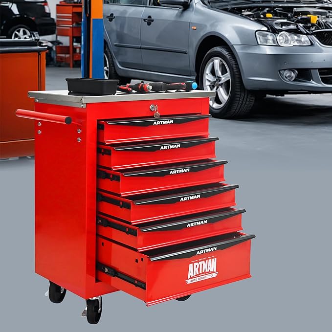 6 Drawer Rolling Tool Chest with Locker, 22.2" D Metal Movable Lockable Tool Cart Box Multi-Functional Hardware Storage Cabinet Box for Warehouse Basement Home Pantry Garage