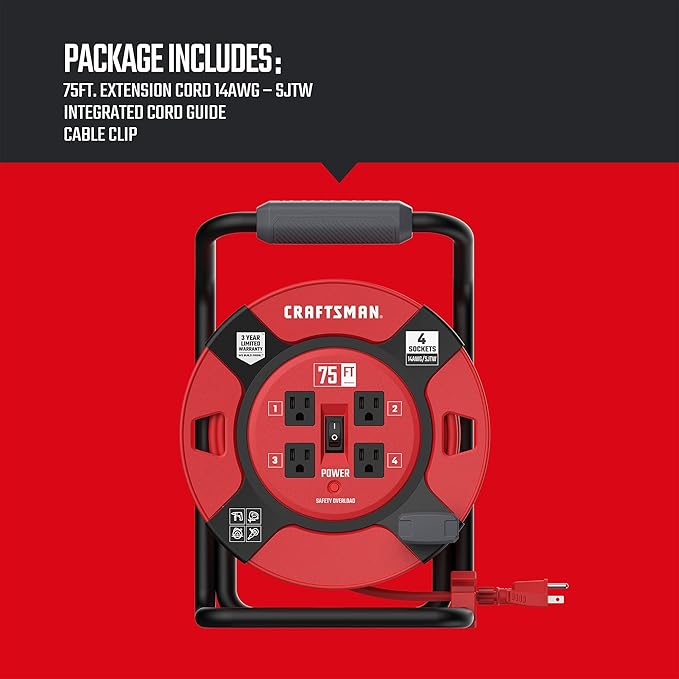 CRAFTSMAN 75 Ft Retractable Extension Cord Reel with 4 Outlets, On/Off Switch, Light Indicator & Heavy-Duty 14AWG SJTW Cable, CSA Certified Outdoor Cord Reel