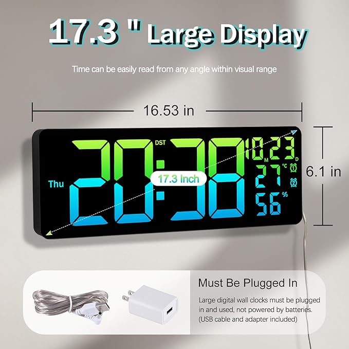 JoFomp 17.3" Large Digital Wall Clock, LED Digital Clock Large Display with Remote Control, Alarm Clock with Temp/DST/Dimmer/Humidity/Timer/Ambient Light - 12/24H, Alarm Wall Clock for Bedroom