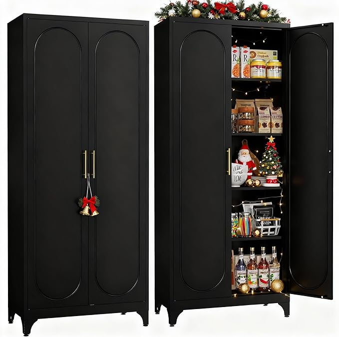 Kitchen Pantry Cabinet,75 Inch Black Metal Storage Cabinet with Door and Adjustable, Tall Pantry Cabinets for Kitchen Storage,Cupboard for Living Room,Dining Room and Bathroom