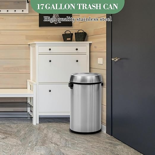 17 Gallon/65L Trash Can, Heavy Duty Stainless Steel Swing Top Trash Can, Fingerprint-Proof Round Kitchen Trash Bin with Swing Lid, Commercial Garbage Can for Restaurant, Home, Office(Silver)