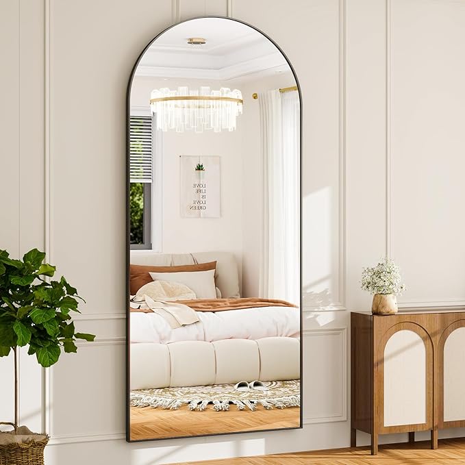 GLSLAND 35x78 inch Arched Full Length Mirror - Aluminum Alloy Frame Floor Mirror with Stand High Definition-Full Body Mirrors for Bedroom or Living Room,Black