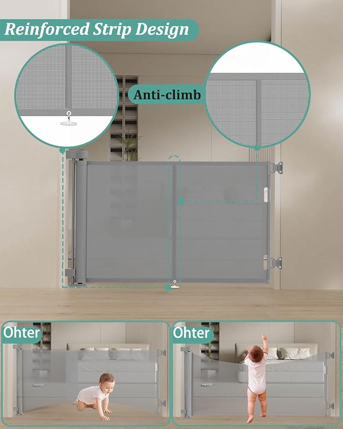 50 inch Retractable Baby Gates 34 inch Tall, Retractable Gate with Reinforced Strip Design to Prevent Crawling Through, Retractable Dog Gate for Stairs, Doorways, Hallways