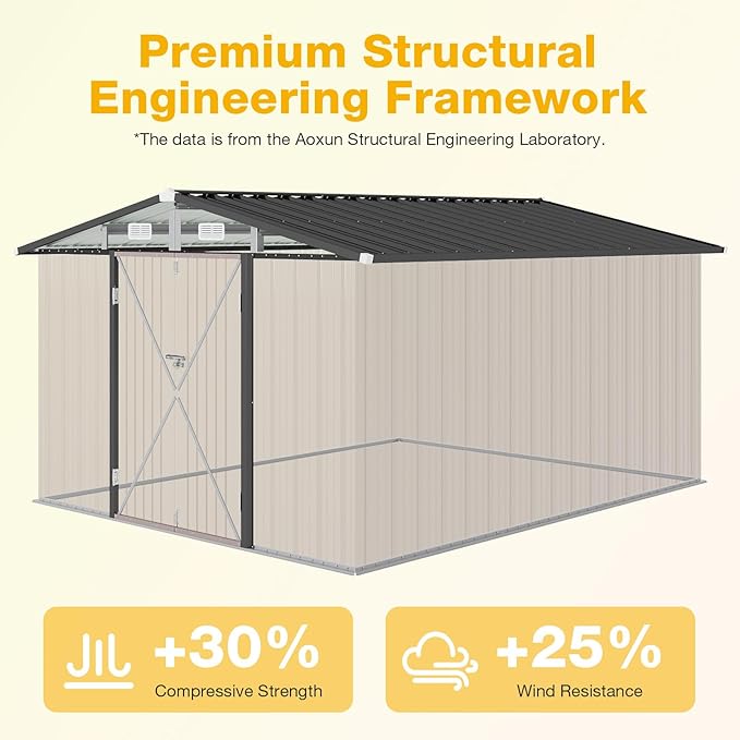 10x12 FT Outdoor Storage Shed with Floor Foundation & Lockable Double Doors, Heavy-Duty Galvanized Steel Outdoor Metal Shed for Bike, Tool Storage in Backyard, Patio (10’x12’, Floor Base)