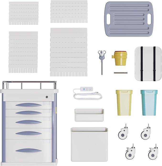 Rolling Emergency Medical Storage Crash Cart with Drawers -CPR Board, IV Pole, Silent Casters, Trash Bin, O2 Holder, Drawer with Dividers, File Box, Nursing Cart for Clinic, Hospital, Salon