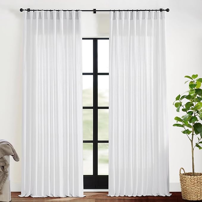 XTMYI Back Tab/Hook Belt Linen Cotton Sheer Curtains for Bedroom White 2 Panels,70 Inch Wide,102 Inch Length