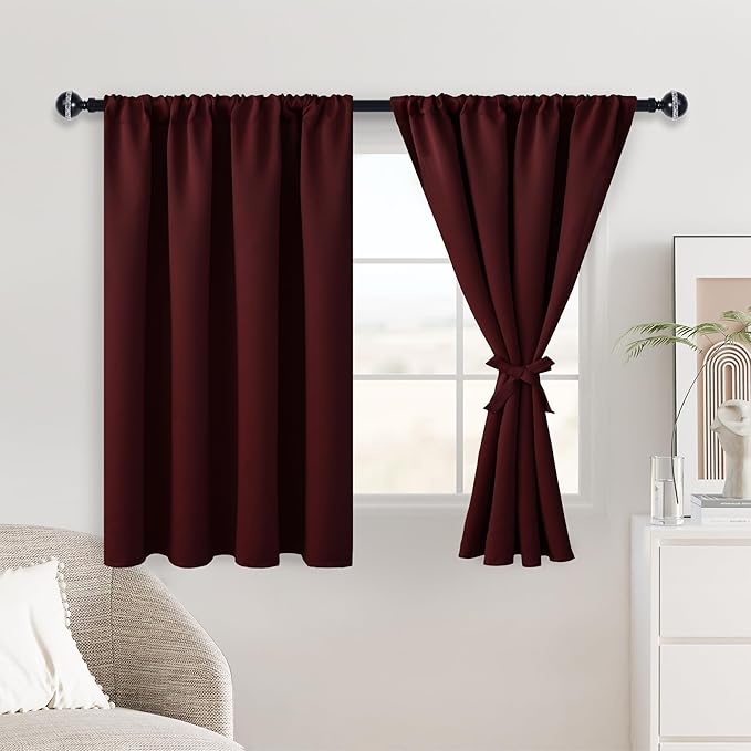 JIUZHEN Short Blackout Curtains for Small Window - 36inches Long Cafe Room Darkening Privacy Energy Saving Half Window Curtains Tiers for Bathroom, W 42 x L 36, Set of 2 Panels with Tiebacks, Burgundy
