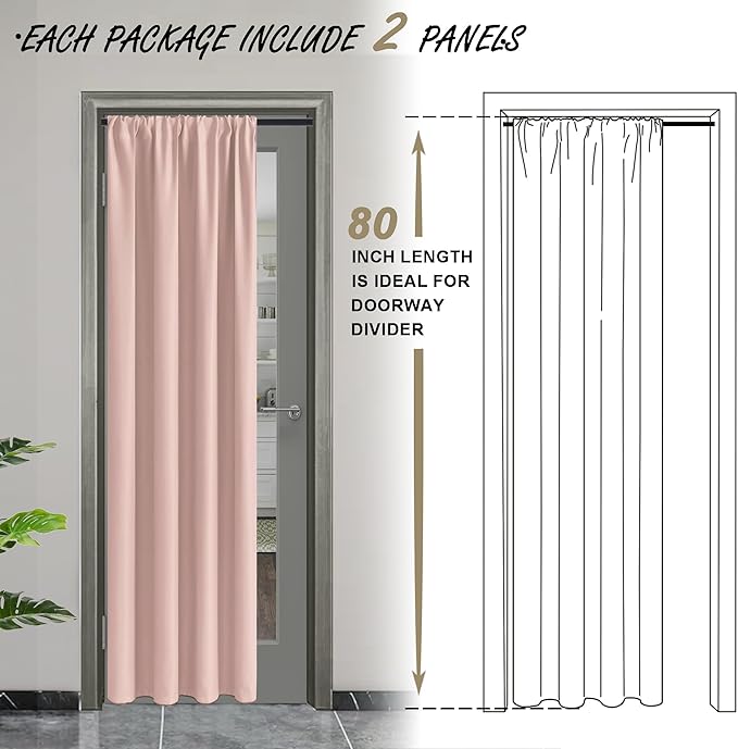 JIUZHEN 80 Inch Length Door Curtains for Doorway Privacy Insulated Blackout Curtains with Tiebacks Rod Pocket Room Divider Curtain Cover for Bedroom Closet Door, Set of 2, 42 x 80 Inch, Blush Pink