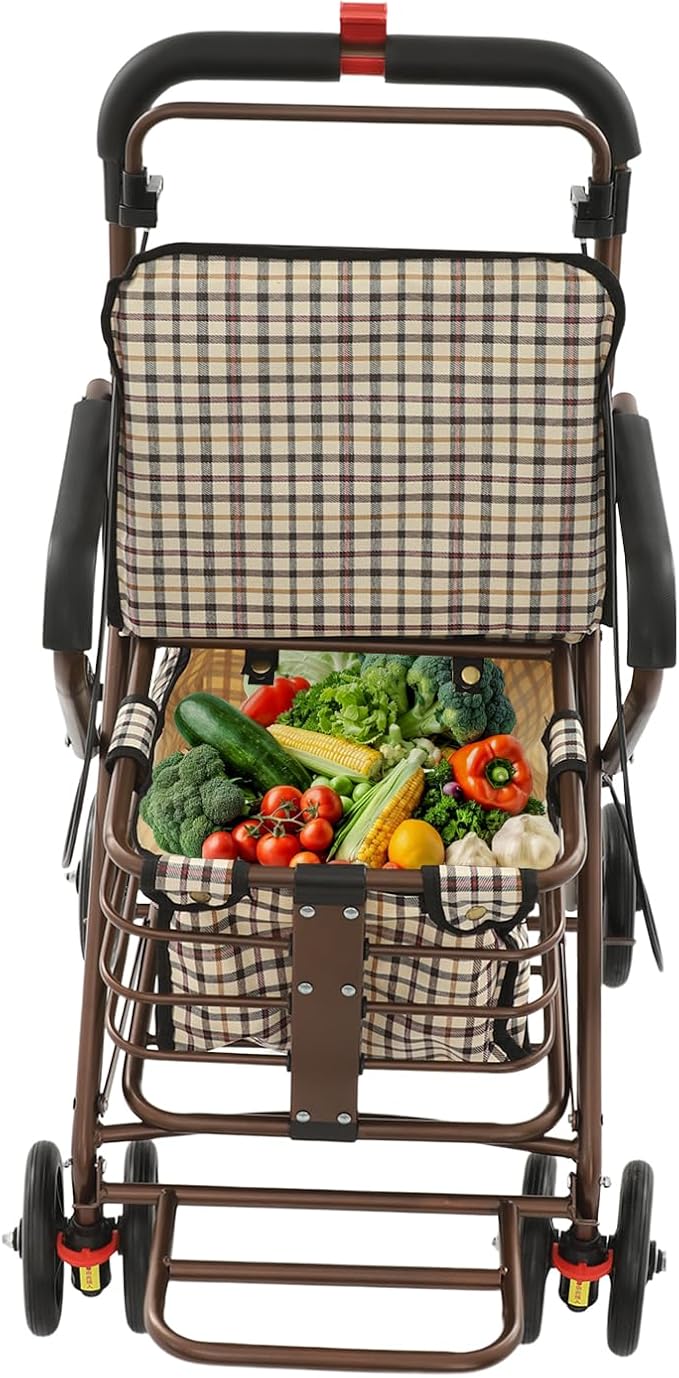 Shopping Cart, 220lbs Foldable Shopping Cart, Utility Cart with Seat & 360° Wheels, for Groceries, Laundry, Camping (Checkered)