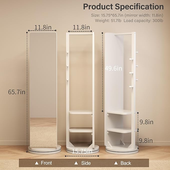 Full Length Mirror Coat Rack Solid Wood Floor Mirror 66"x12" Full Length Mirror with Stand Long Mirrors for Bedroom,Living Room