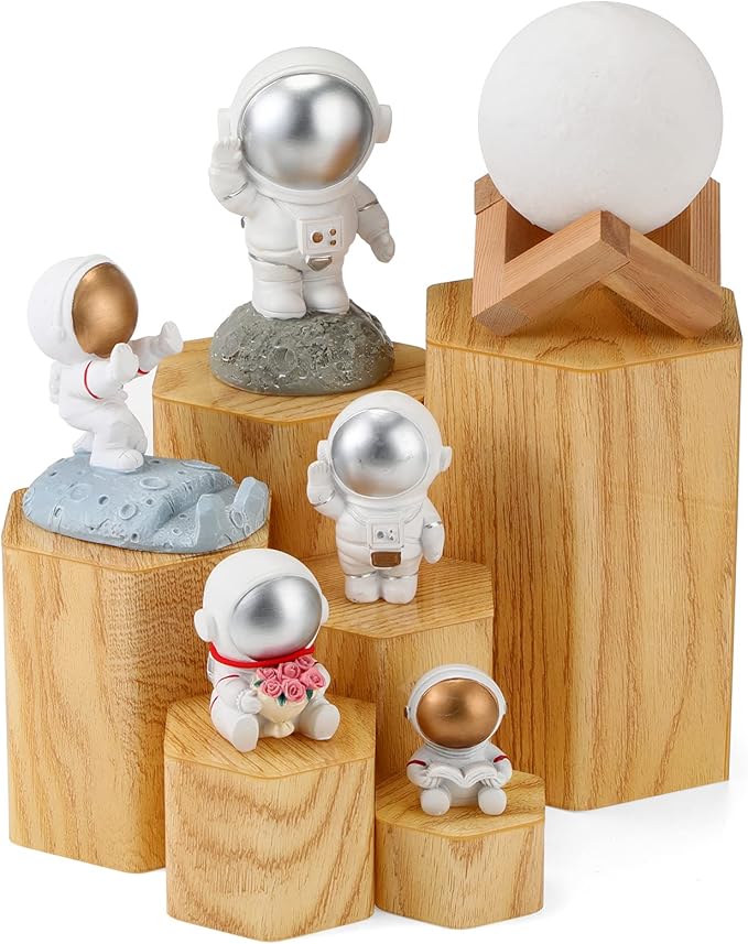 Jetec Hexagonal Jewelry Display Risers Hexagonal Market Display Risers Stands Acrylic Showcase Acrylic Stand for Jewelry Model Figures Decoration, 6 Sizes(Woodgrain,12 Pieces)