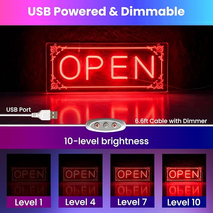 Open Signs for Business, LED Neon Open Sign Lighted Open Lights for Business Window Door Wall Hanging Coffee Snack Bar Restaurant Barbershop Retails Store Shop, USB Power & Dimmab