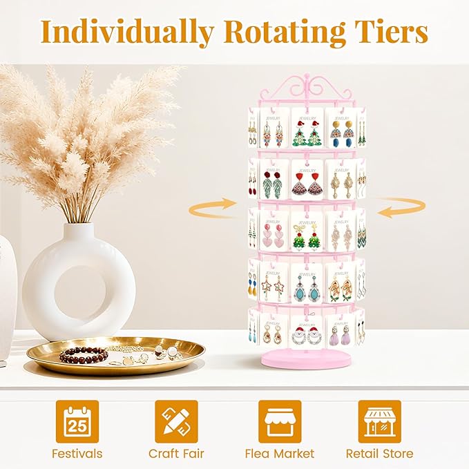 EsLuker.ly Earring Holder Organizer Rotating Display Tree Stand, Adjustable Height Earring Card Hanger Rack with 50 Hooks for Vendors Market Selling, 5 Tier Metal Jewelry Storage Tower, Pink