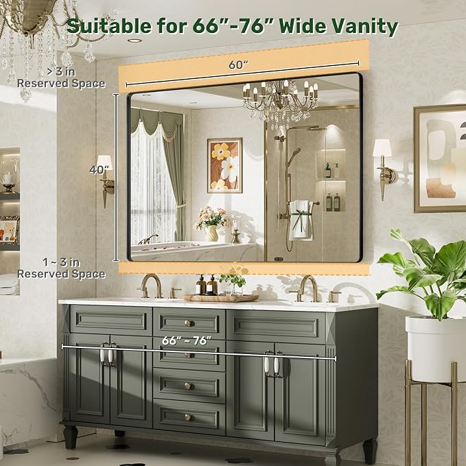 60X40 Black Bathroom Mirror for Over Sink, Metal Framed Vanity Mirror Wall Mounted, Rectangle Mirror for Bedroom Living Room Restroom Entryway, Anti-Rust, HD Tempered Glass