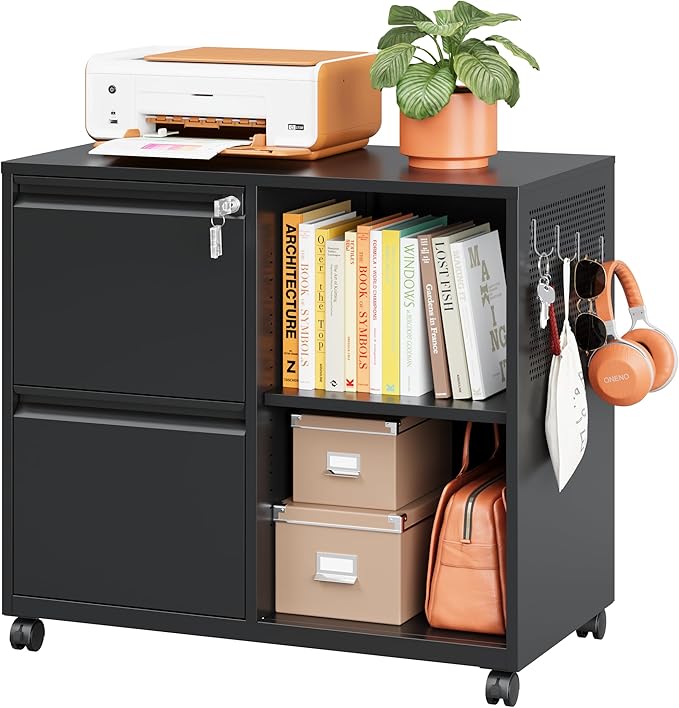 Mobile Lateral File Cabinet,2 Drawer Filing Cabinet with Lock fits A4/F4 or Letter Size for Home Office,Metal Rolling Printer Stand with Open Storage Adjustable Shelves(Black)