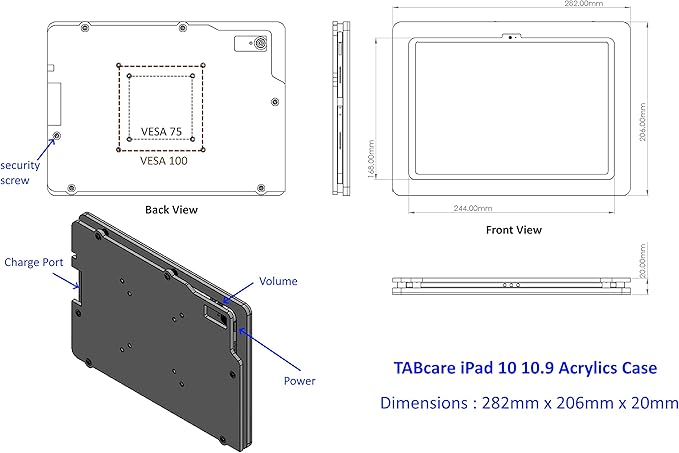 TABcare Anti-Theft Acrylic VESA Enclosure for Apple iPad 10 10.9" 2022, iPad 11" 2025 A16 with Free Wall Mount Kit & 90-Degree Angle USB C Charge Cable (White)