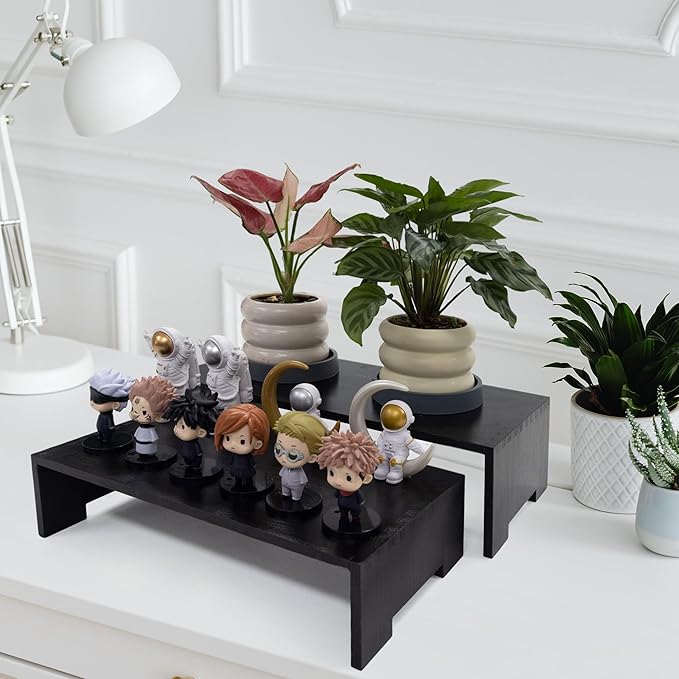 Large Display Riser Wood Risers Cupcake Stand 2 Tier Racks Decorative Rectangular, 2 Set 4 Piece Cologne Perfume Organizer Dessert Stands for Vendors Event Black