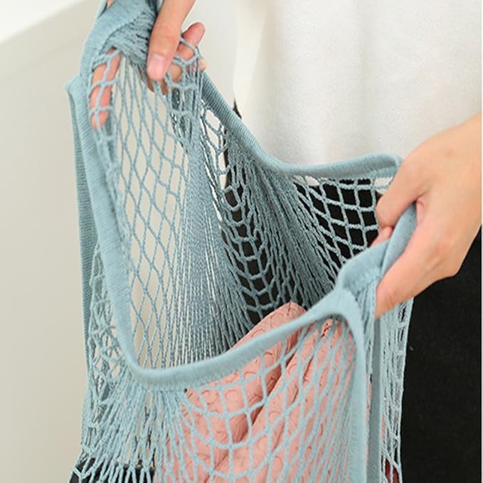 2Pcs Portable Reusable Mesh Cotton Net String Bag Organizer Shopping Tote Handbag Fruit Storage Shopper NEW (green,purple)