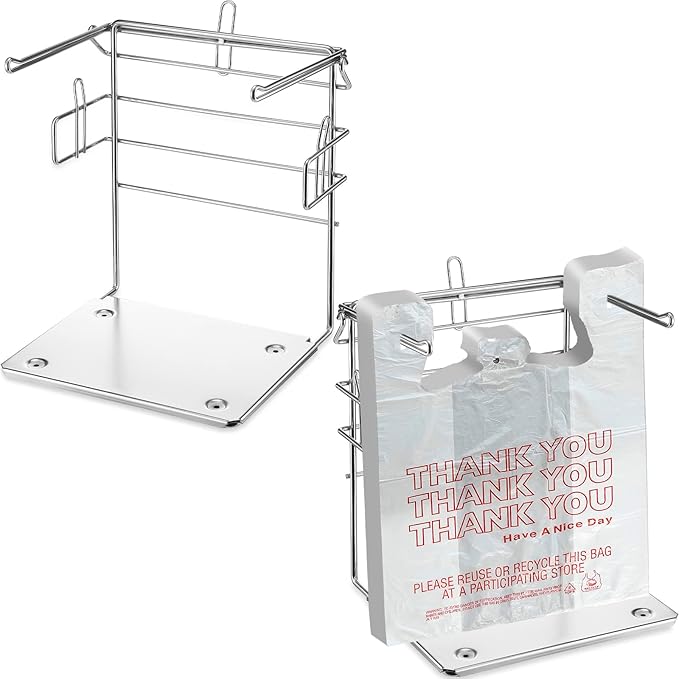 Sieral 2 pack Plastic Grocery Bag Holder Stand Chrome T Shirt Rack Fits 11½''W x 6''D x 21''H, plastic bag holder for Kitchen, Retail, Grocery, Shopping, Restaurant, 10.5''W x 13''L x 13.5''H(Silver)
