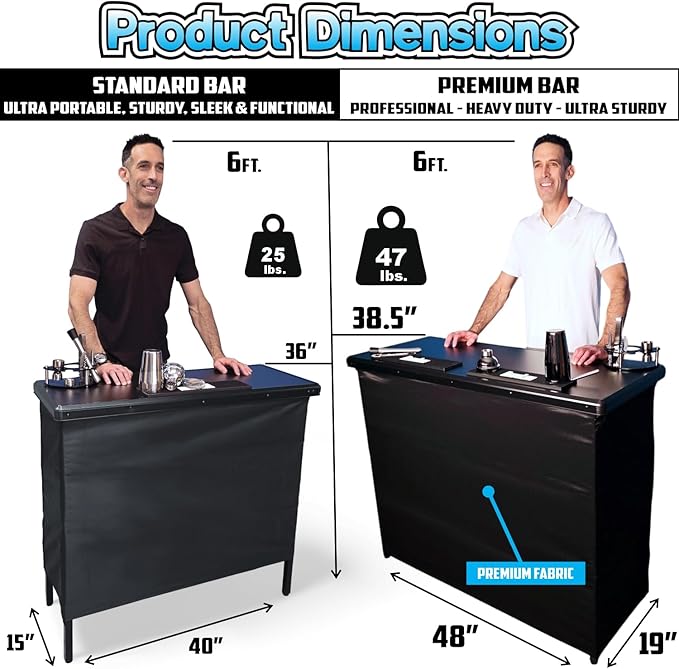 PartyLife New & Improved Portable Bar Table w/Folding Legs, 2 Bar Skirts, Heavy-Duty Storage Shelf & Carrying Case - Black