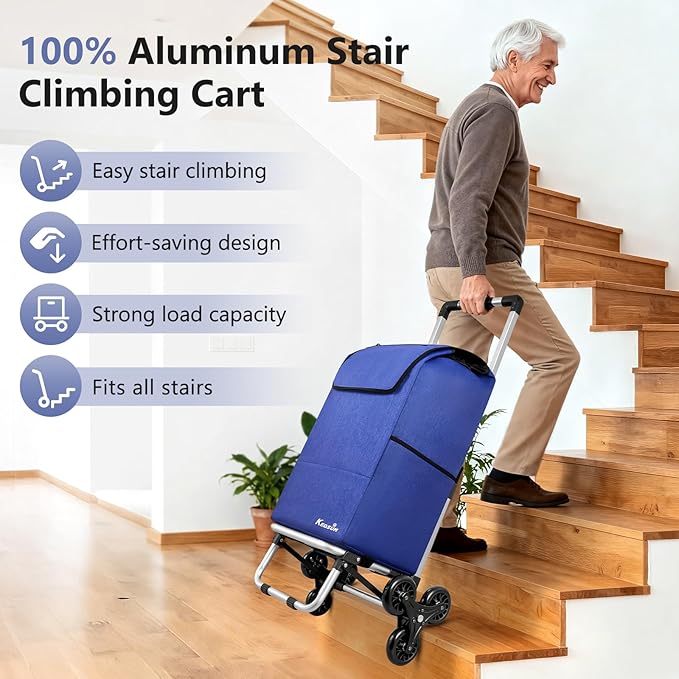 KEDSUM 2 in 1 Aluminum Alloy Stair Climbing Cart, 300LBS Grocery Cart on Wheels, Foldable Shopping Carts with Waterproof Oxford Blue Bag for Groceries, Lightweight & Durable Aluminum Frame