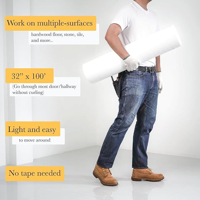 PAD 'N PROTECT Temporary Floor Protectors for Hardwood Floors Tile & Paint, 32" x 100', Anti Slip&Pull, Paint&Waterproof, Reusable Floor Covering, Easy Applied for Construction & Renovation